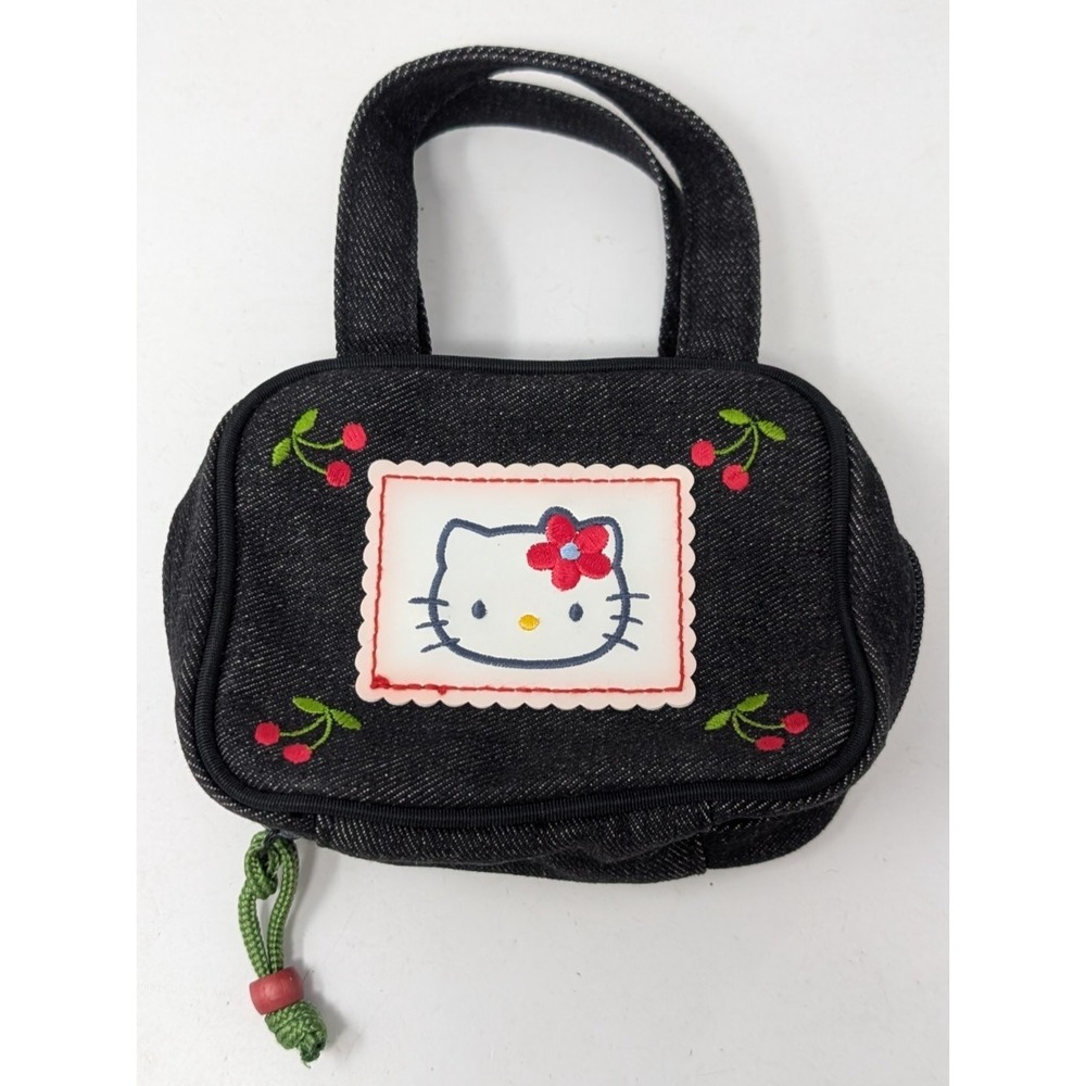 Vintage Y2K Sanrio Hello Kitty‎ Black Denim Mini Bag Cherry Tote Purse 1998 90s